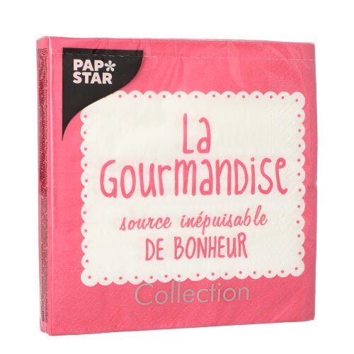 A pink pack of PAPSTAR 20 napkins, 33x33 cm, 3-ply, with a white, wavy label with the inscription "La Gourmandise, source inépuisable de bonheur." At the top left is "PAP STAR", at the bottom is "Collection".