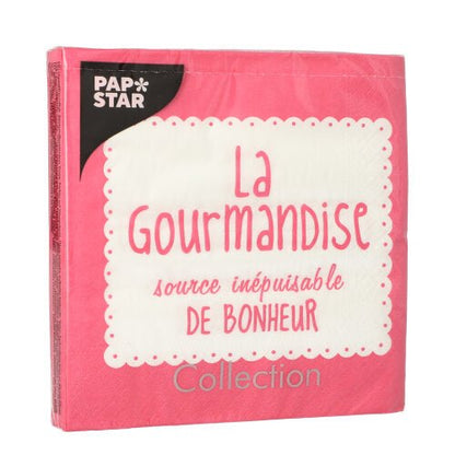 A pink pack of PAPSTAR 20 napkins, 33x33 cm, 3-ply, with a white, wavy label with the inscription "La Gourmandise, source inépuisable de bonheur." At the top left is "PAP STAR", at the bottom is "Collection".