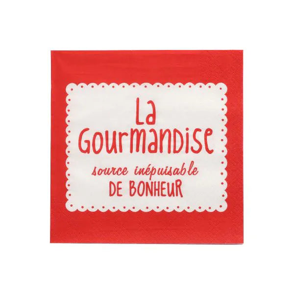 PAPSTAR 20 napkins, 33x33 cm, 3-ply, red: Red napkins with a white center and French print "La Gourmandise source inépuisable DE BONHEUR" in red. High-quality from PAPSTAR GmbH - ideal for special occasions.