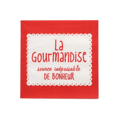 PAPSTAR 20 napkins, 33x33 cm, 3-ply, red: Red napkins with a white center and French print "La Gourmandise source inépuisable DE BONHEUR" in red. High-quality from PAPSTAR GmbH - ideal for special occasions.
