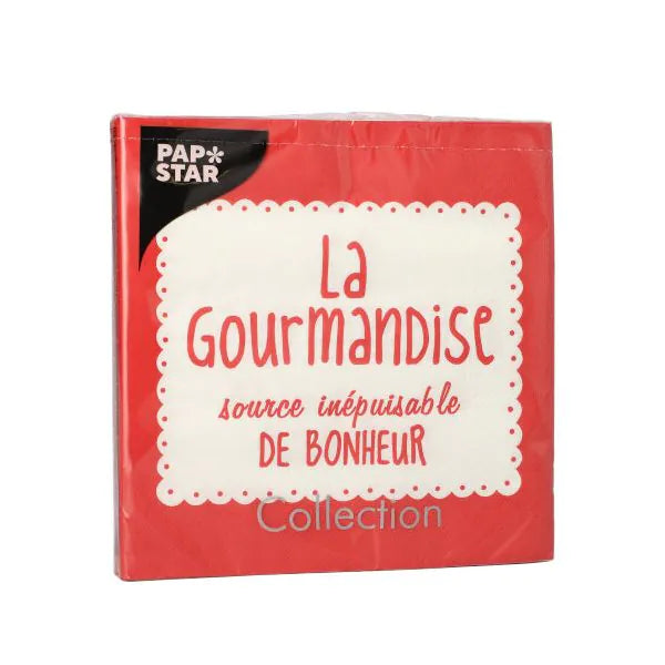 The PAPSTAR 20 napkins, 33x33 cm, 3-ply, red from PAPSTAR GmbH are adorned with the inscription "La Gourmandise source inépuisable de bonheur" on the front - perfect for adding a stylish touch to your table.