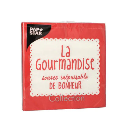 The PAPSTAR 20 napkins, 33x33 cm, 3-ply, red from PAPSTAR GmbH are adorned with the inscription "La Gourmandise source inépuisable de bonheur" on the front - perfect for adding a stylish touch to your table.