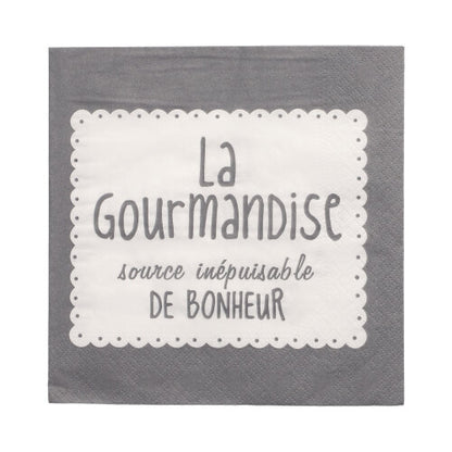 Gray 3-ply PAPSTAR napkin (33x33 cm, 1/4 folded) with a white rectangle and the French text "La Gourmandise source inépuisable de bonheur". Brand: PAPSTAR GmbH. Pack of 20 pieces.