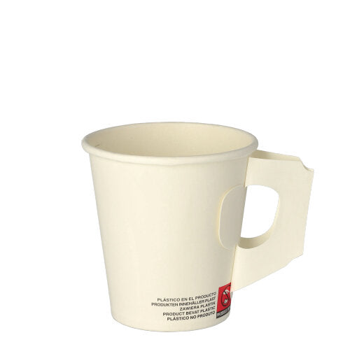 A white disposable cup (0.18 l, Ø 7.3 cm x 7.8 cm) made of Starpak paper with a rectangular handle on the side and small black-red text at the bottom; the set contains 25 cups. The background is white.