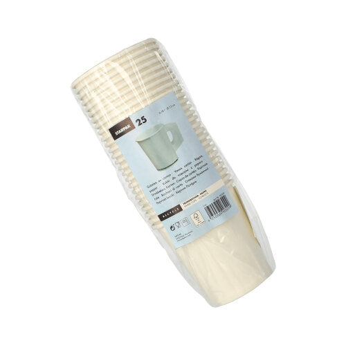A stack of 25 white Starpak disposable paper cups (each 0.18 l, Ø 7.3 cm, 7.8 cm high) with handles, wrapped in transparent foil, labeled with the Starpak logo and product details.