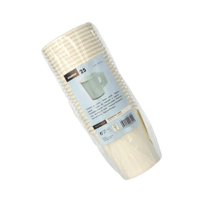 A stack of 25 white Starpak disposable paper cups (each 0.18 l, Ø 7.3 cm, 7.8 cm high) with handles, wrapped in transparent foil, labeled with the Starpak logo and product details.