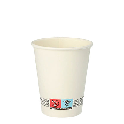 The Starpak 20 drinking cup "To Go" made of recyclable cardboard (0.2 l, Ø 8-9.1 cm) shows warning notices and symbols near the bottom and is presented against a white background.