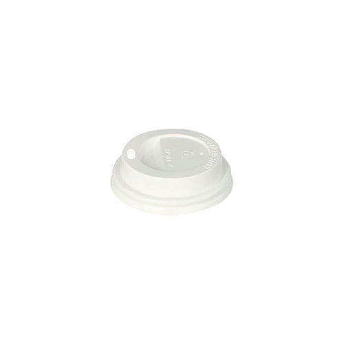 The Starpak 50 Dom-Lid PS "To Go" round lid (white, Ø 6 cm, 2 cm) for disposable cups is depicted on a white background. Thanks to its secure closure and small drinking opening, it is ideal as a take-away packaging. 50 pieces.