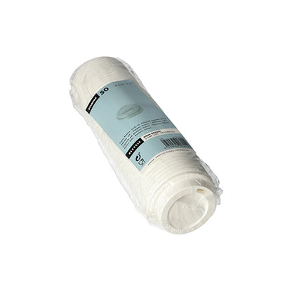 Pictured is a plastic-wrapped pack with 50 white Starpak 50 Dom-Lid PS "To Go" lids (round, Ø6 cm, 2 cm) with a blue Starpak label on a white background - ideal for to-go packaging.