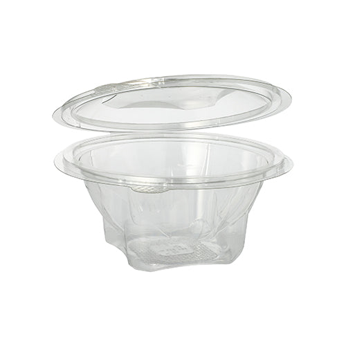 A Starpak 50 delicatessen and salad bowl with hinged lid, R-PET crystal clear round, is depicted open and empty against a white background.