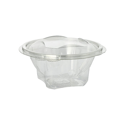The Starpak 50 delicatessen and salad bowls with hinged lid are transparent, round R-PET food containers from Starpak, ideal for salads or desserts. The empty, transparent bowl appears against a plain white background.
