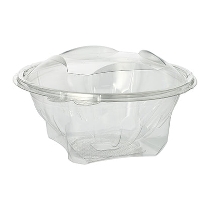 The Starpak 50 delicatessen and salad bowls with hinged lid are clear, round R-PET containers, ideal for salads or takeaways. They are depicted empty against a plain white background. Brand: Starpak.