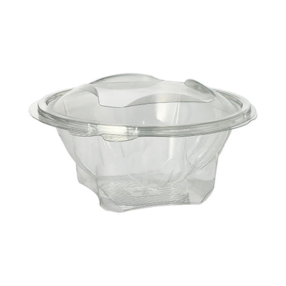 The Starpak 50 delicatessen and salad bowls with hinged lid are clear, round bowls made of R-PET with smooth edges, textured bottom, and a lid with raised sections for easy opening.