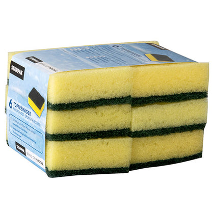 A pack of six rectangular Starpak pot cleaner kitchen sponges (2.6 x 9 x 6.6 cm) in yellow/green with a scratch-resistant surface and banded packaging; the rectangular shape offers a comfortable grip when scrubbing.