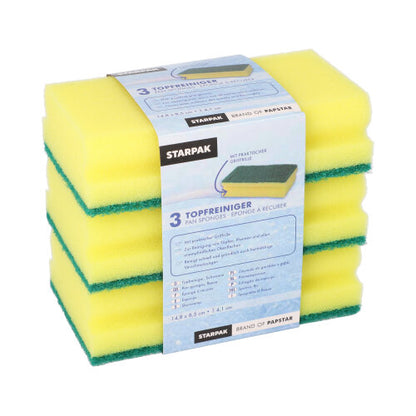 A pack of 3 rectangular yellow/green Starpak Jumbo sponges with grip groove and scratch-resistant surface (4.1 x 14.8 x 8.5 cm), in a banderole, ideal for the effective cleaning of pots and pans.