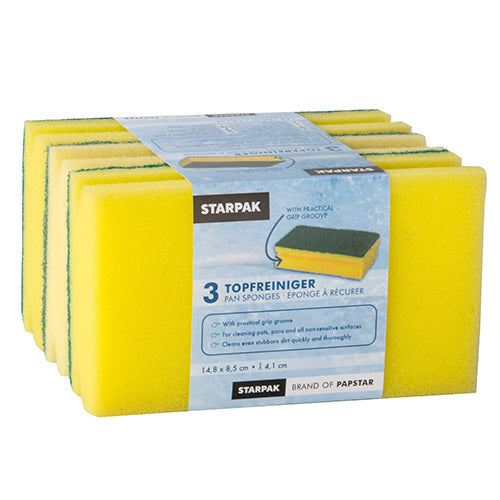 A pack of three rectangular Jumbo sponges (4.1 x 14.8 x 8.5 cm, yellow/green, with grip groove, scouring side) from Starpak Pot Cleaner, labeled in multiple languages for effective cleaning.