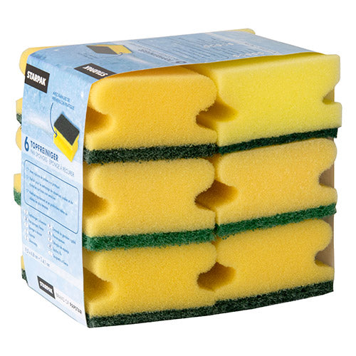 A pack of 6 rectangular Starpak pot cleaner sponges (4.1x9.5x6.8 cm), yellow/green with a grip groove for better hold, stacked and wrapped in a banderole. Ideal for scrubbing, from the brand Starpak.