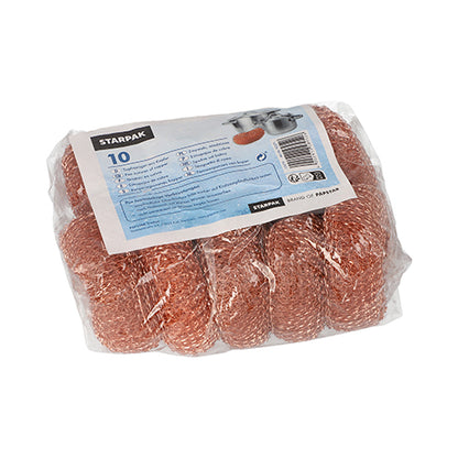 A transparent plastic package contains 10 Starpak copper pot cleaners round Ø 9 cm · 3 cm, each robust for efficient cleaning, with a blue-white label with product information and barcode.