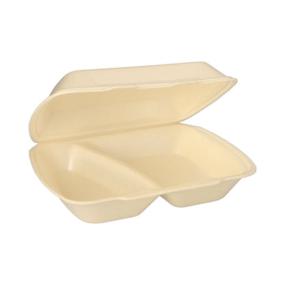 A Starpak menu box with a hinged lid, XPS, 2-compartment (7.5 x 24.3 x 20.8 cm) is seen open and empty against a white background.