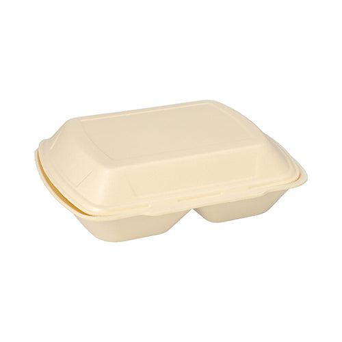 A closed Starpak 100 menu box with a hinged lid, XPS 2-compartment (7.5 x 24.3 x 20.8 cm), ideal for take-out sales, lies on a white background.