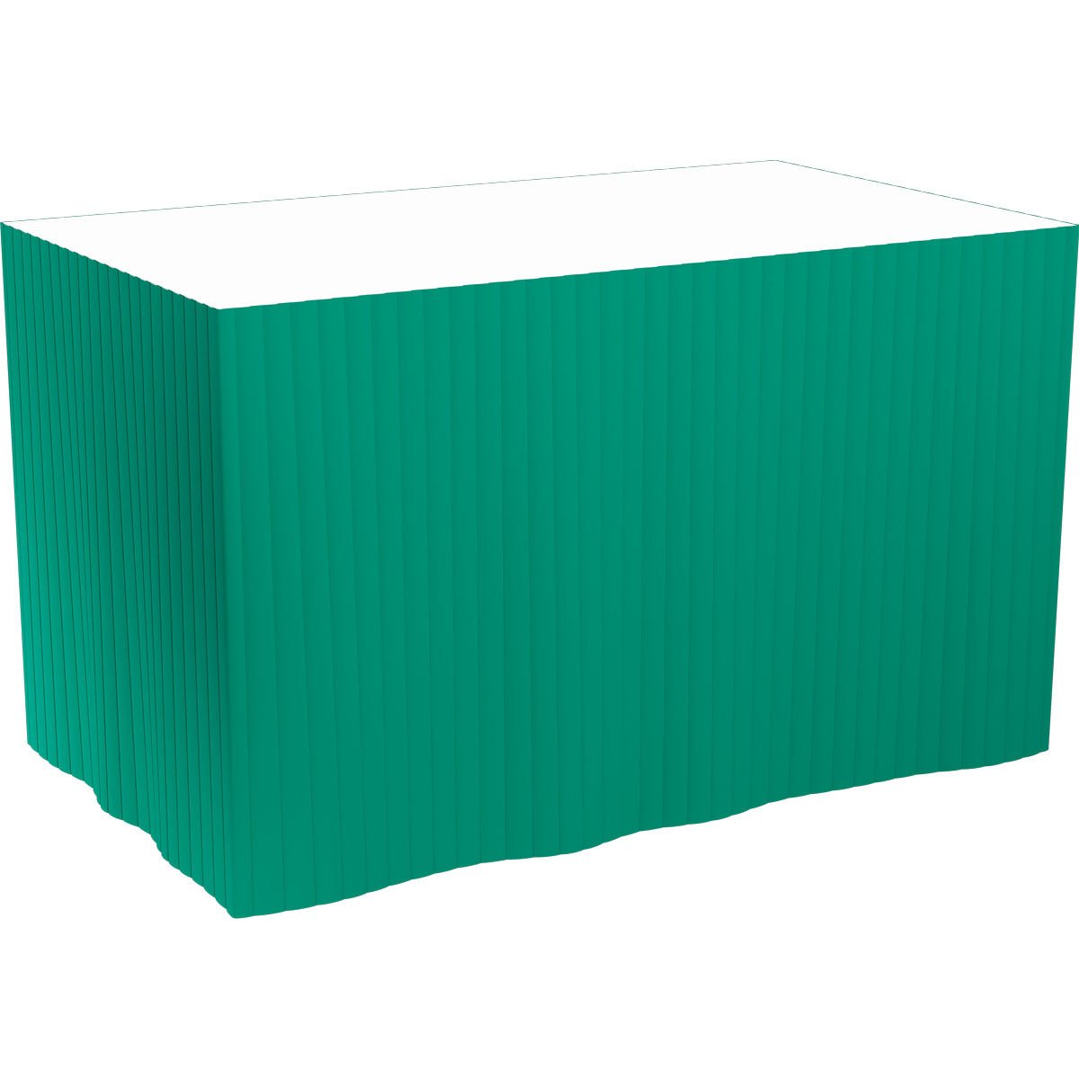 A rectangular table with a plain green Dunicel tableskirt (self-adhesive 72 cm, 5 sections of 4 m) from Duni GmbH, reaching the floor on three sides and standing against a white background.