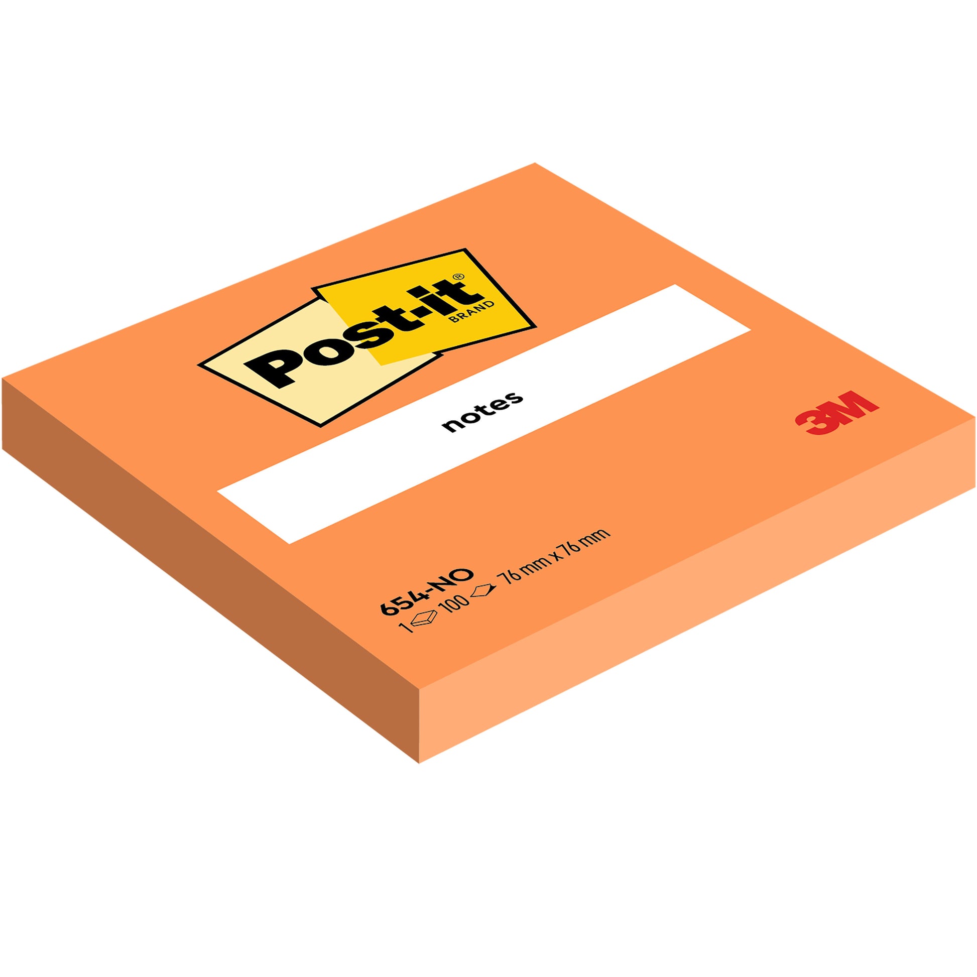 Ein Stapel orangefarbener Post-it® Notizzettel (76 mm x 76 mm, 100 Blatt/Block, 100% PEFC) der 3M Deutschland GmbH zeigt das Post-it Logo oben und das 3M Markenlogo in der rechten unteren Ecke.