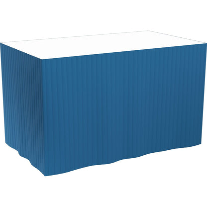 A rectangular table is enveloped with a blue Dunicel tablecloth from Duni GmbH (self-adhesive, 72 cm, 5x4 m). The white tabletop contrasts while the skirt neatly covers the sides and reaches the floor.