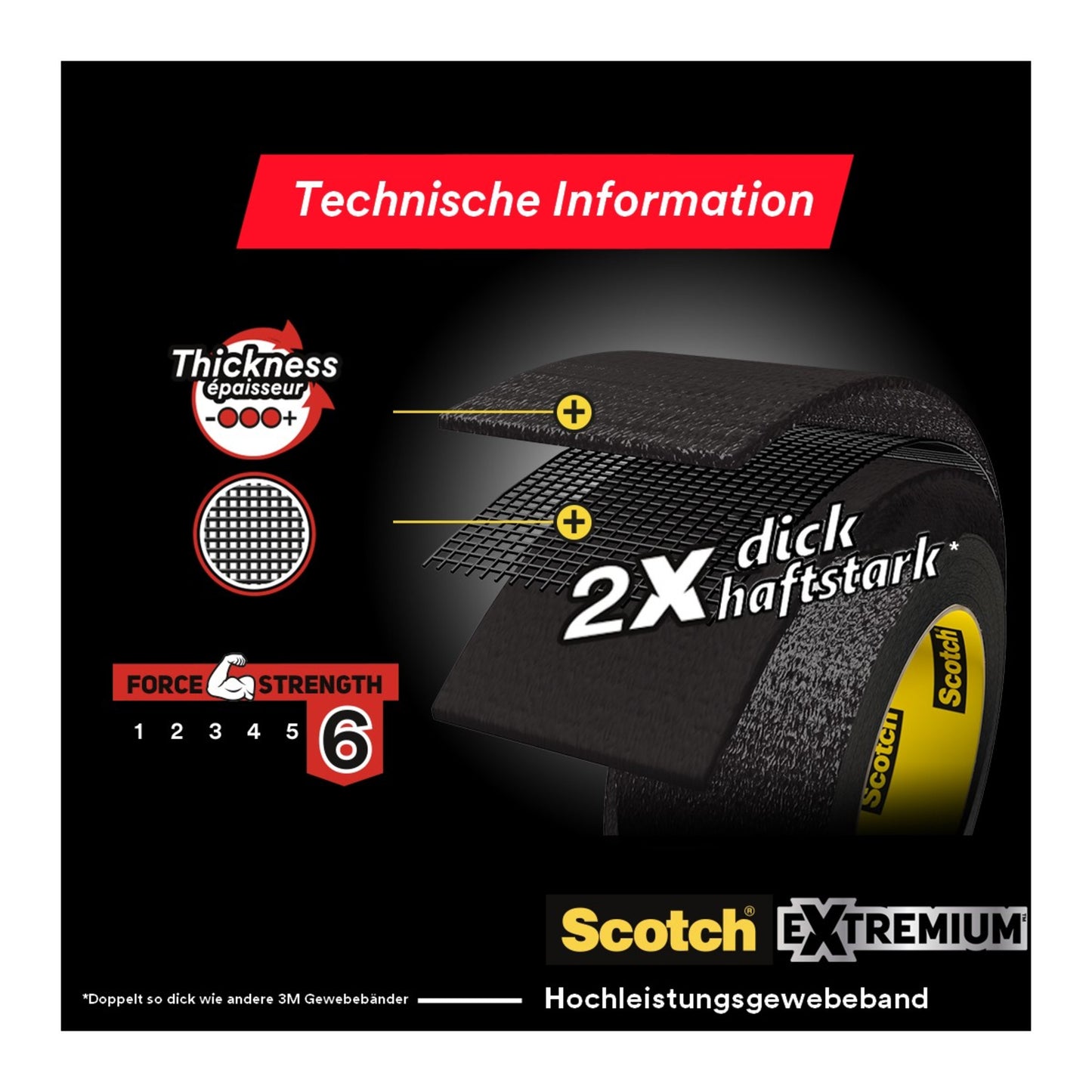 An image shows a black roll of 3M Scotch® Extremium™ Ultra High Performance Tape DT17 (10 m x 24 mm) with the inscription "2X thick adhesive" and the strength class 6/6. The text appears in German and English. Package: 1 roll, 6 pieces/package.