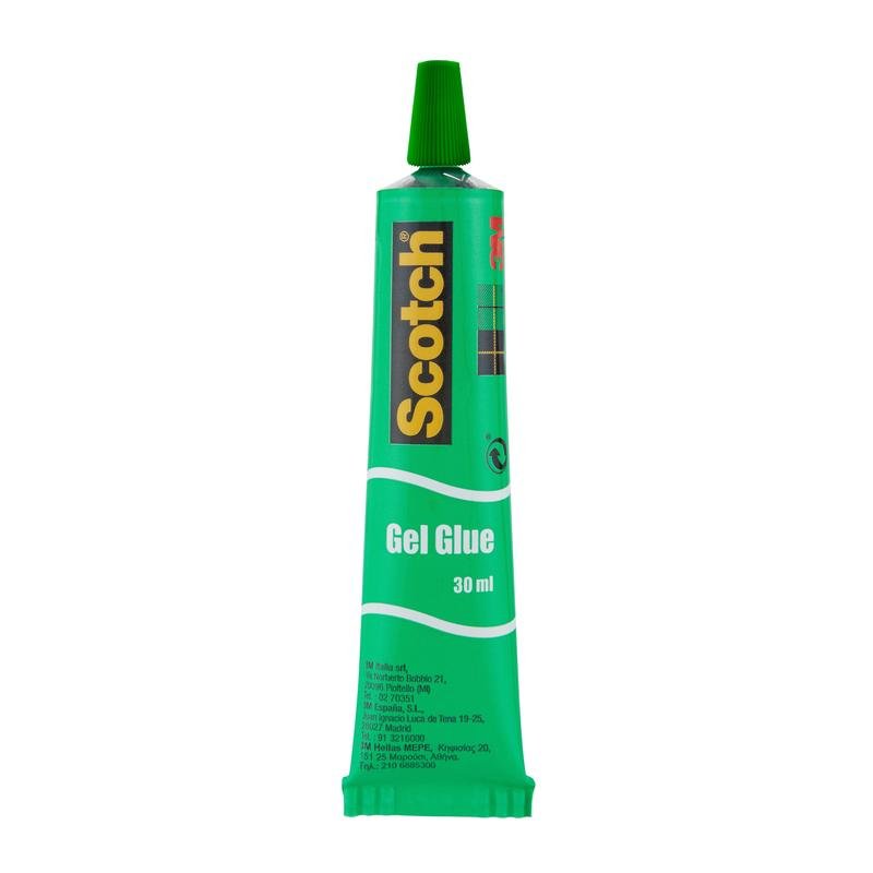 A 30 ml tube of Scotch® liquid glue from 3M Deutschland GmbH with a green cap and yellow "Scotch" lettering on a black label. This strong adhesive ensures reliable bonding; available in 24 tubes per display or as a single piece.
