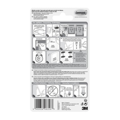 On the back of the Command™ Picture Hanging Strips S, small, black, 17202BLK from 3M Deutschland GmbH, you will find a pictorial step-by-step guide for attaching and removing, weight limits, and multilingual product information for easy hanging of pictures without nails.