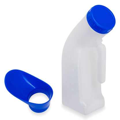 The ARNOMED Urine Bottle Classic Unisex by ARNOWA GmbH, with a blue screw cap and separate female adapter, offers hygienic comfort. Both parts are depicted on a white background.