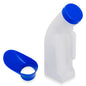 The ARNOMED Urine Bottle Classic Unisex by ARNOWA GmbH, with a blue screw cap and separate female adapter, offers hygienic comfort. Both parts are depicted on a white background.