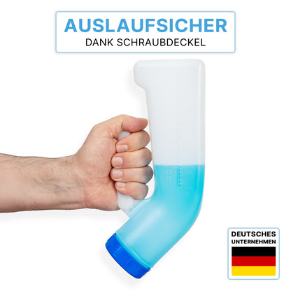 A hand holds the ARNOMED Urine Bottle Classic Unisex from ARNOWA GmbH - a transparent, leak-proof urine bottle with a blue lid and German text promoting hygienic urine collection. A German flag shows "German company".