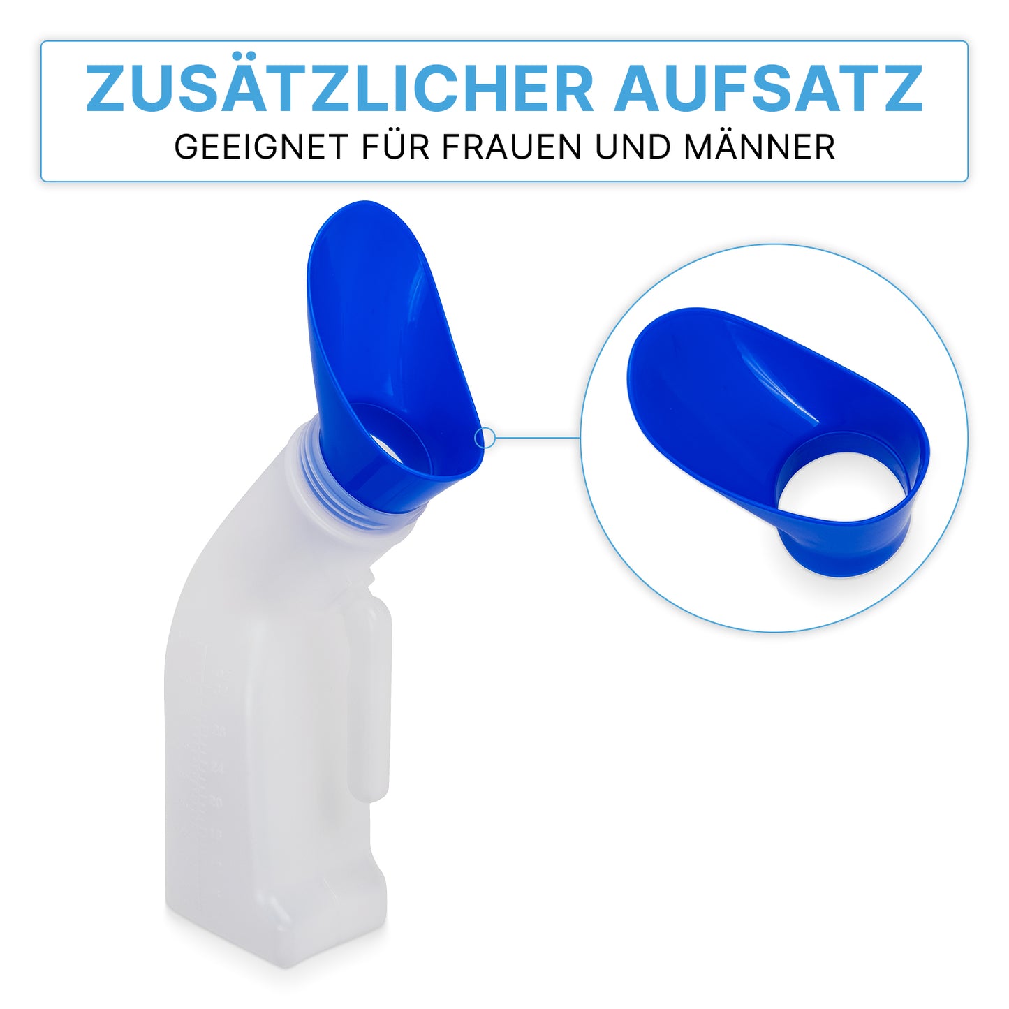 The ARNOMED Urine Bottle Classic Unisex (ARNOWA GmbH) has a blue attachment for hygienic use by men and women. A circular inset highlights this feature. The text above reads: "ADDITIONAL ATTACHMENT SUITABLE FOR WOMEN AND MEN."