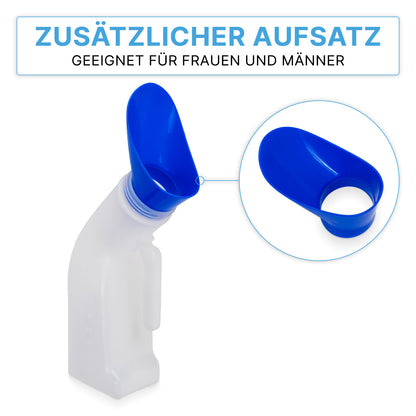 The ARNOMED Urine Bottle Classic Unisex (ARNOWA GmbH) has a blue attachment for hygienic use by men and women. A circular inset highlights this feature. The text above reads: "ADDITIONAL ATTACHMENT SUITABLE FOR WOMEN AND MEN."