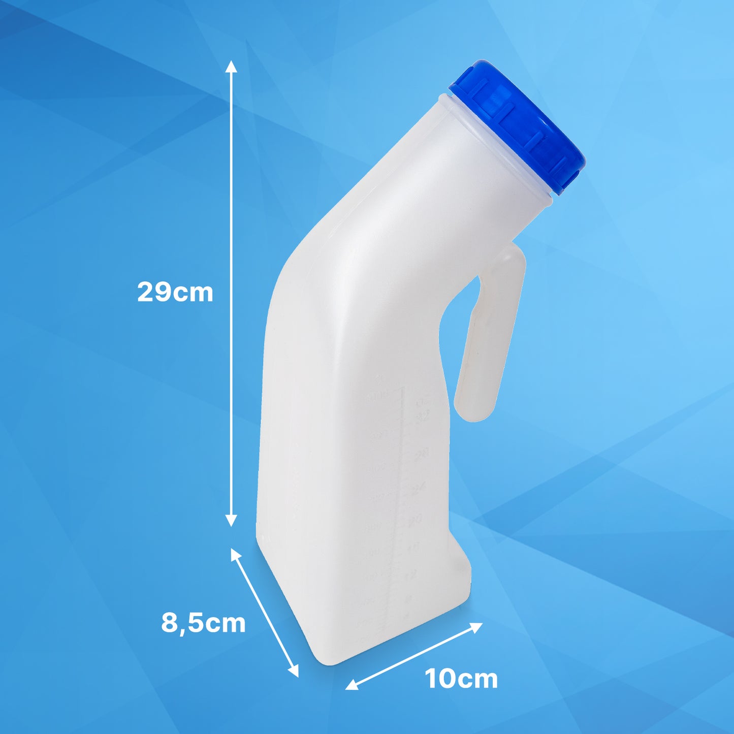 The ARNOMED Urine Bottle Classic Unisex from ARNOWA GmbH is a white plastic urine bottle with a blue screw cap and handle measuring 29 x 10 x 8.5 cm, designed for hygienic use and depicted on a blue background.