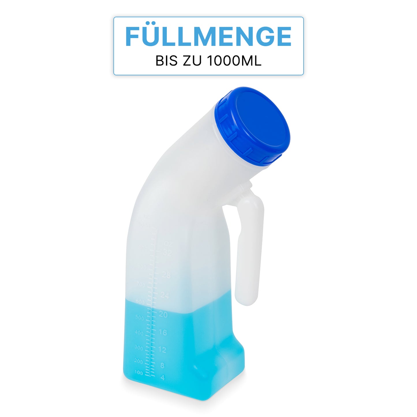 The ARNOMED Urine Bottle Classic Unisex by ARNOWA GmbH is a versatile, comfortable plastic bottle with a blue lid and handle, labeled up to 1000ml. The German text reads "Capacity up to 1000ml" for hygienic urine collection.