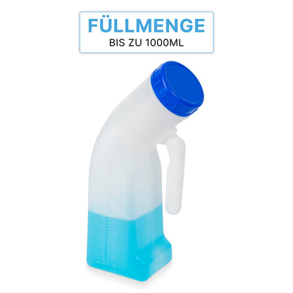 The ARNOMED Urine Bottle Classic Unisex by ARNOWA GmbH is a versatile, comfortable plastic bottle with a blue lid and handle, labeled up to 1000ml. The German text reads "Capacity up to 1000ml" for hygienic urine collection.