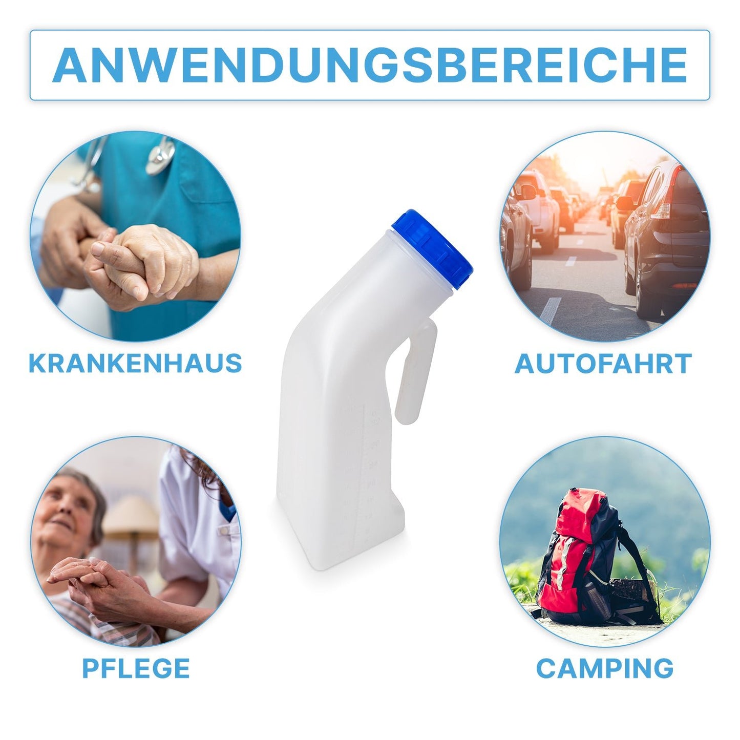 At the center is a white ARNOMED Urine Bottle Classic Unisex from ARNOWA GmbH with a blue lid, surrounded by four circular symbols - hospital, car ride, care, camping - representing hygienic urine collection in different situations.