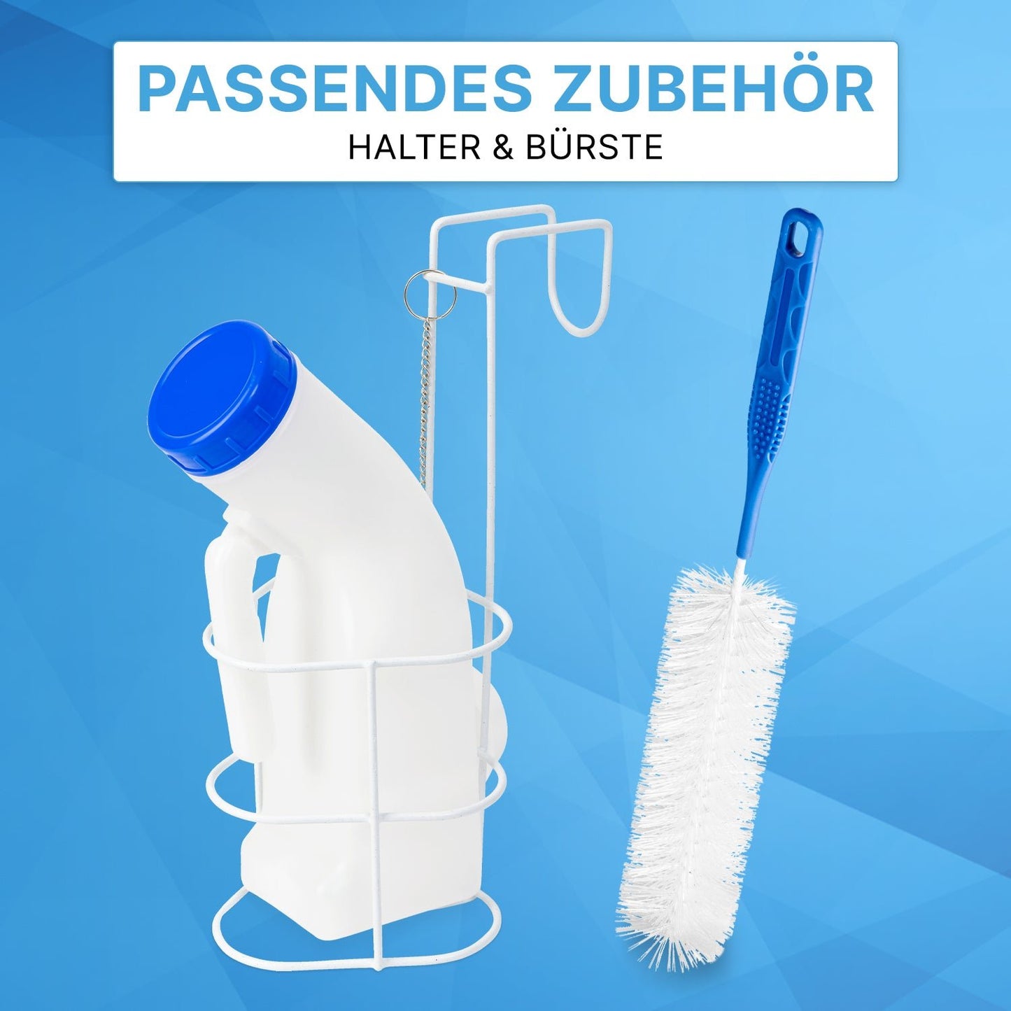 The ARNOMED Urine Bottle Classic Unisex from ARNOWA GmbH is depicted in a white holder with a cleaning brush on a blue geometric background. Above it is German text: "Matching Accessories Holder & Brush."
