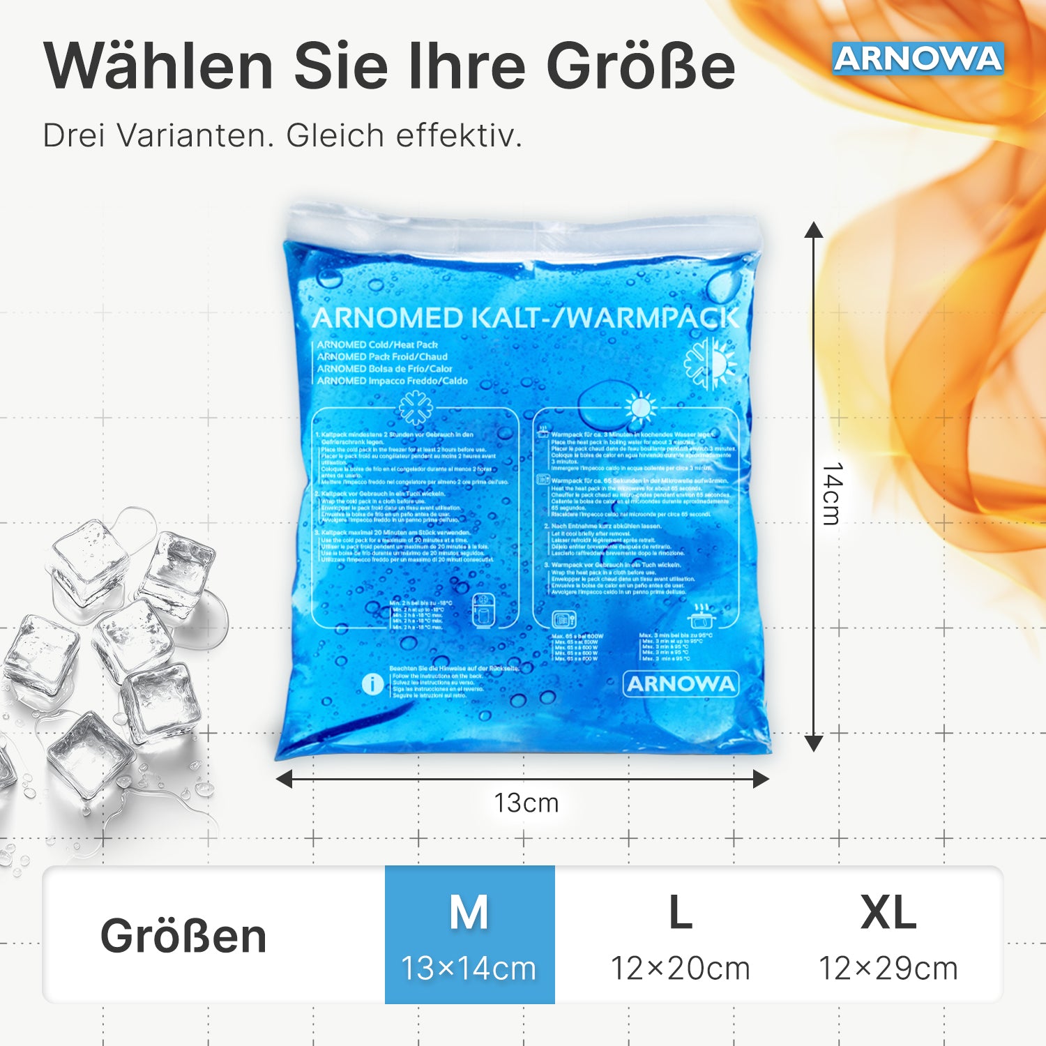 Ein blaues ARNOMED KALT-/WARMPACK Wiederverwendbare Kalt-/Warm-Kompressen (13 x 14 cm) der ARNOWA GmbH ist auf einem Gitter abgebildet, mit deutschem Text, Eiswürfeln, orangefarbenen Wirbeln und drei Größenoptionen zur Schmerzlinderung.