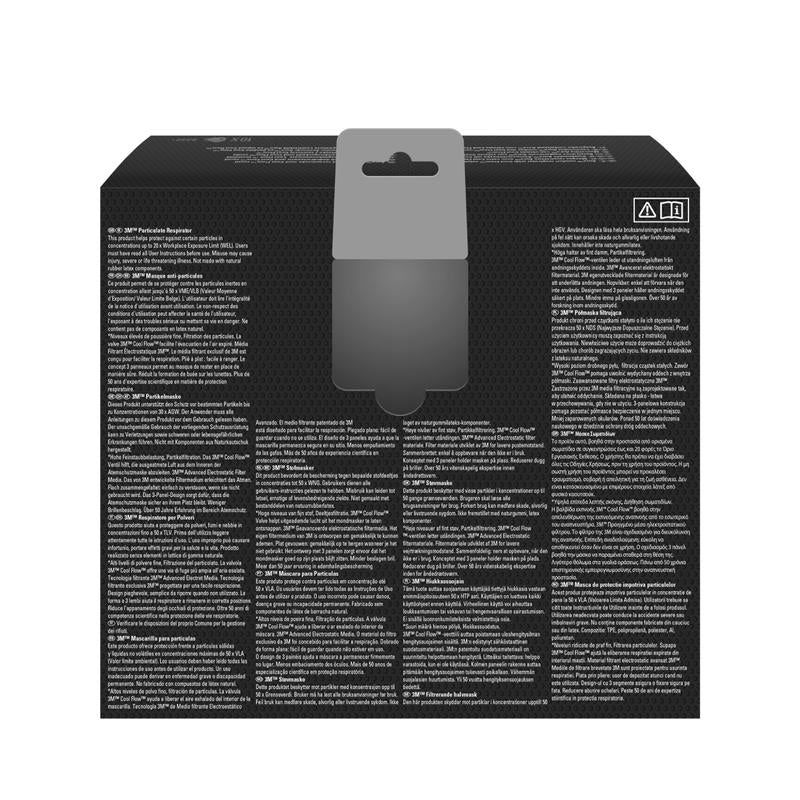 The image shows the back of a black 3M™ Aura™ Comfort Cool Flow™ Particulate Respirator 9332+ FFP3 from 3M Deutschland GmbH with dense white multilingual text, a gray hanging tab at the top, and two small symbols in the upper right corner.