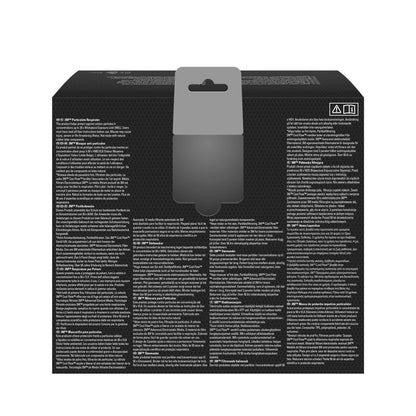 The image shows the back of a black 3M™ Aura™ Comfort Cool Flow™ Particulate Respirator 9332+ FFP3 from 3M Deutschland GmbH with dense white multilingual text, a gray hanging tab at the top, and two small symbols in the upper right corner.