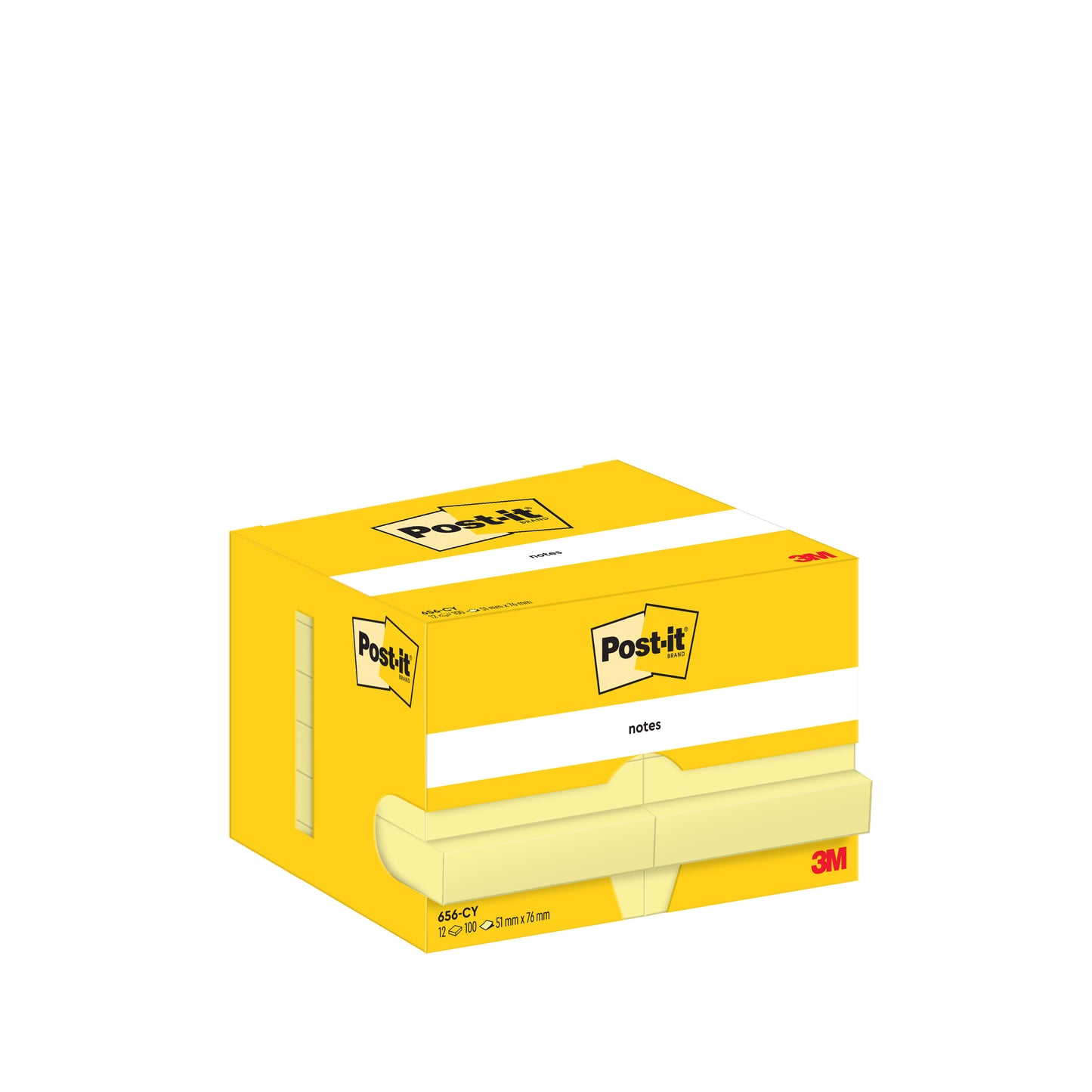 A yellow box of 3M Germany GmbH Post-it® Notes, Yellow, 51 x 76 mm, 100 sheets/pad, 12 pads/pack from cardboard packaging (100% PEFC), is ideal for your office needs.