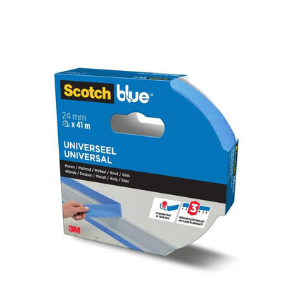 A box of ScotchBlue™ Painter's Tape "Multi-Surface" by 3M Deutschland GmbH (24 mm x 41 m) with blue, partially unrolled tape. The packaging indicates suitability for various substrates and clean removal for up to three days.