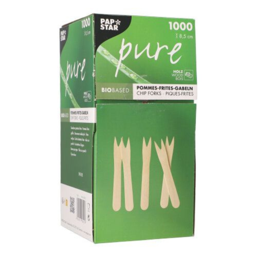A box from PAPSTAR GmbH with the inscription "pure" contains 1000 environmentally friendly, biodegradable fry forks made of birch wood. The packaging features images of the forks and texts in English, German, and French, with each fork being 8.5 cm long.