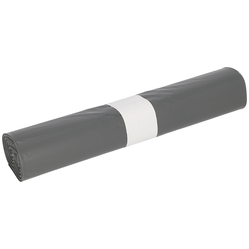 A roll of DEISS 94028 garbage bags (600x800x0.05 mm, gray, 25 pieces) from EMIL DEISS KG is secured with a white paper band and depicted against a simple light background.