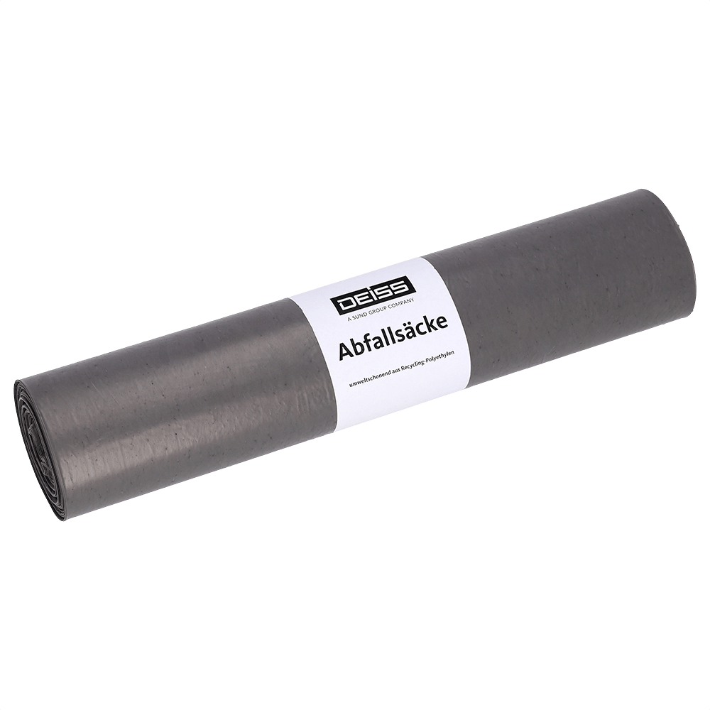 Pictured is a roll of EMIL DEISS KG DEISS garbage bags made from recycled LDPE 60 l - gray (25 pieces) with a white label on a white background.