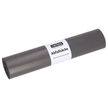 Abgebildet ist eine Rolle EMIL DEISS KG DEISS Abfallsäcke aus Recycling-LDPE 60 l - grau (25 Stück) mit einem weißen Etikett auf weißem Hintergrund.