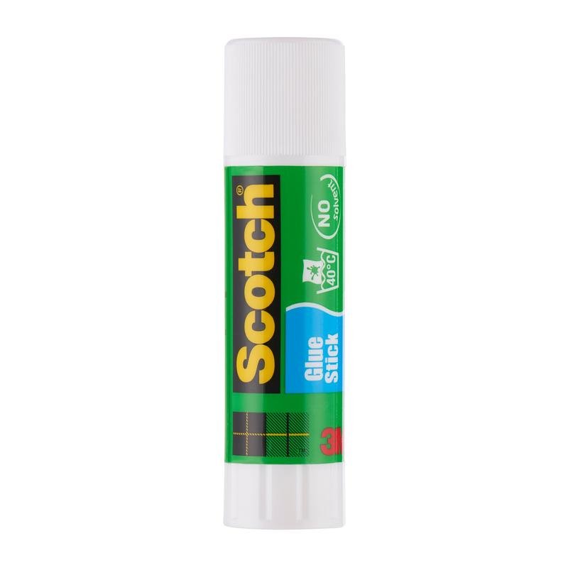 A Scotch® Permanent Glue Stick from 3M Deutschland GmbH, depicted upright on a white background, with green and yellow lettering, a white twist cap, and the note that it is acid-free, non-toxic, and washable. The package contains 2 sticks of 21 g each.